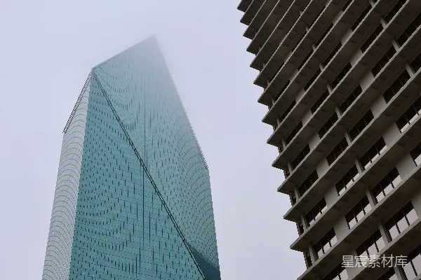 两座现代摩天大楼拔地而起，映衬在一片迷雾的天空中。