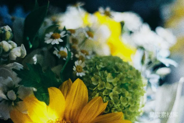 桌上摆放着一束鲜花。