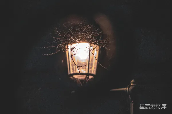 一盏古旧的路灯在夜色中亮着。
