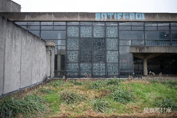 高清摄影 混凝土建筑，有一扇大玻璃窗，周围长满了杂草。