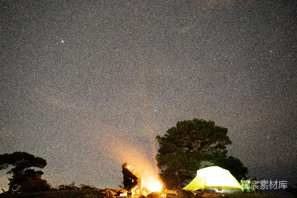 几人围坐在篝火旁，夜空下。