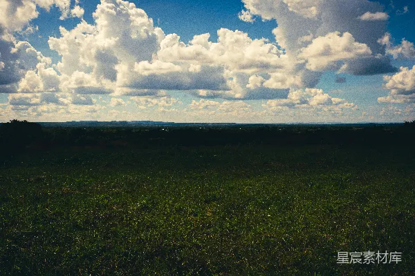 一片绿色的田野在阴云密布的蔚蓝天空下