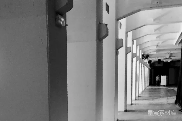 高清摄影 一张黑白照片，展示了一条走廊。