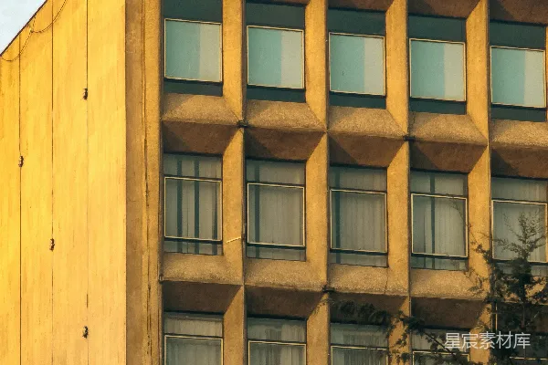 高清摄影 混凝土建筑外墙，有网格状窗户和树木。