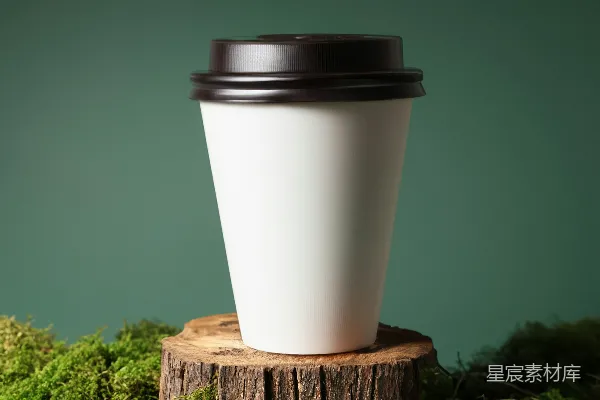 高清摄影 一杯咖啡放在树桩上。