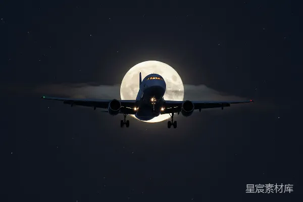 夜空中一架飞机在一轮满月的前方飞行。