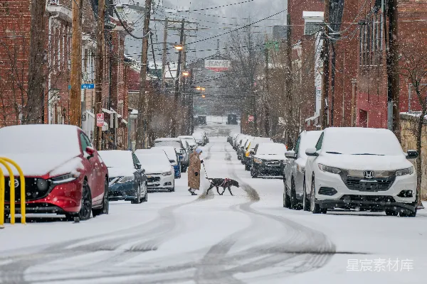 一条铺满白雪的街道，两侧停着汽车。