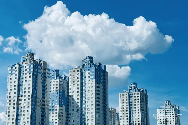 一排排高耸的建筑物紧挨着一片水域。