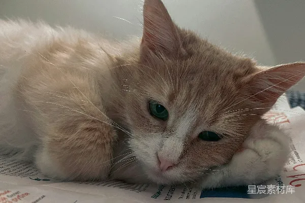 高清摄影 一只橙白相间的猫躺在一堆文件上
