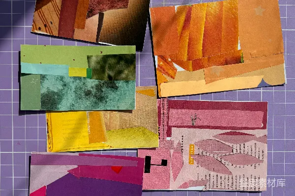 高清摄影 色彩斑斓的纸贴画排列在紫色网格表面上。