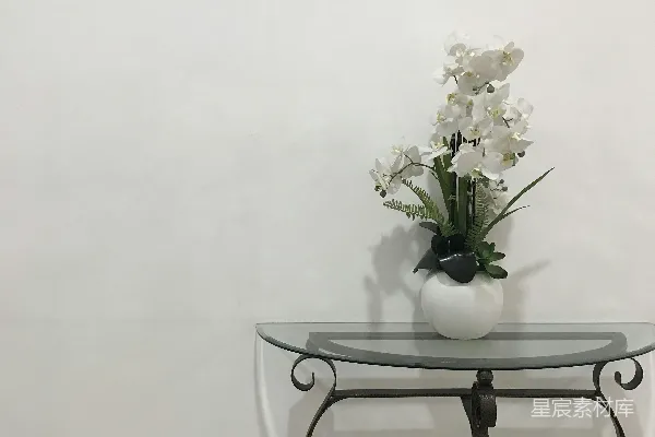 高清摄影 一张玻璃桌子，上面放着一束花的花瓶。