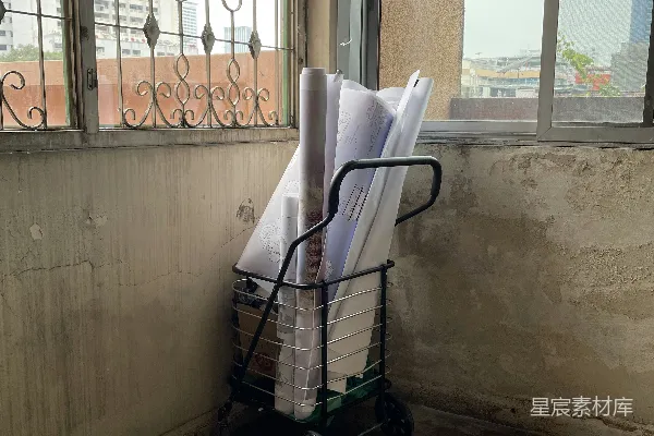 高清摄影 一车装满纸张的车停在窗户旁边
