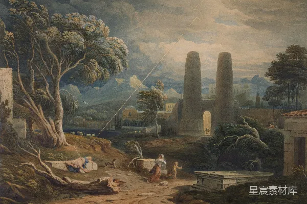 高清摄影 一幅描绘了风景、人物和动物的画作