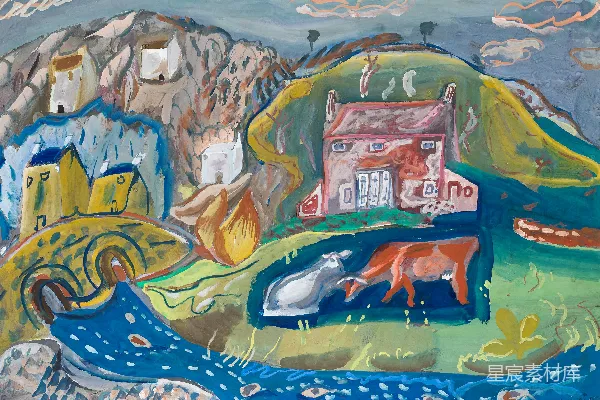 高清摄影 一幅山丘上的房子画