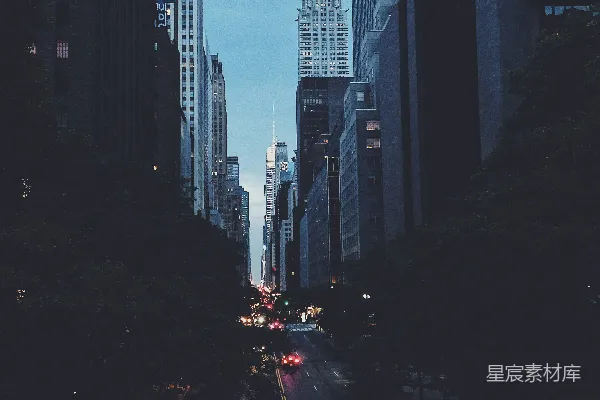 白天高楼大厦之间的道路上的车辆