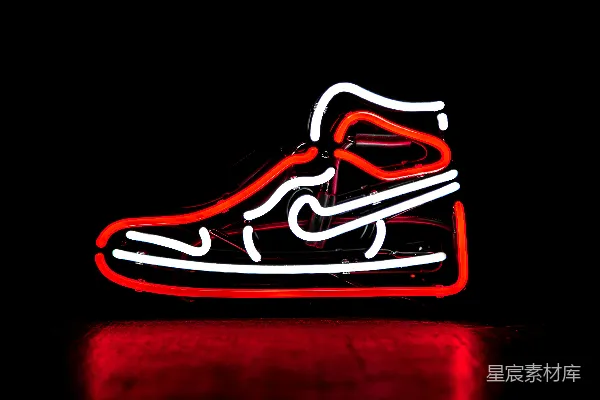高清摄影 红白相间的耐克篮球鞋霓虹灯招牌