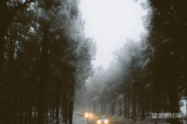 一辆车在覆盖着白雪的路面上行驶