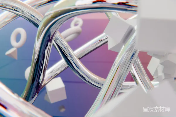 高清摄影 抽象的3D金属管和白色的几何形状。