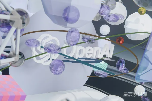 高清摄影 OpenAI标志被抽象的三维几何和结晶形状包围。