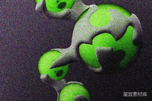 高清摄影 发光的绿色球体和灰色有机形状的抽象结构。