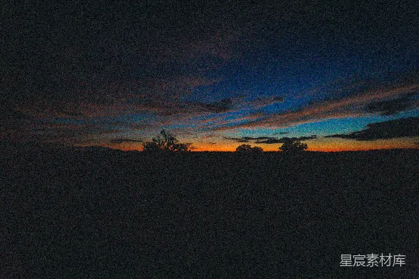 夕阳映照在一片黑暗的 landscapes 上，树木呈现出剪影。