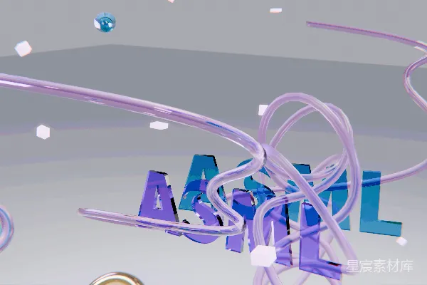 高清摄影 抽象的3D字母，旋转的线条，以及漂浮的紫色形状。