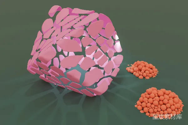 高清摄影 一张粉色物体和一些橙色球体的三维图像