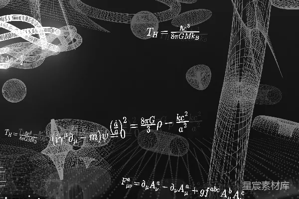 高清摄影 抽象的科学可视化，包括数学方程和线框结构。