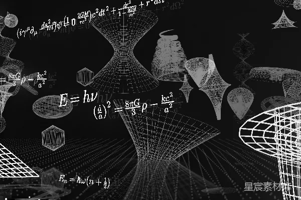 高清摄影 黑色背景上的数学公式和线框3D形状。