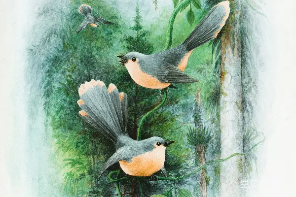 黑色和棕色的鸟儿在树干上的绘画