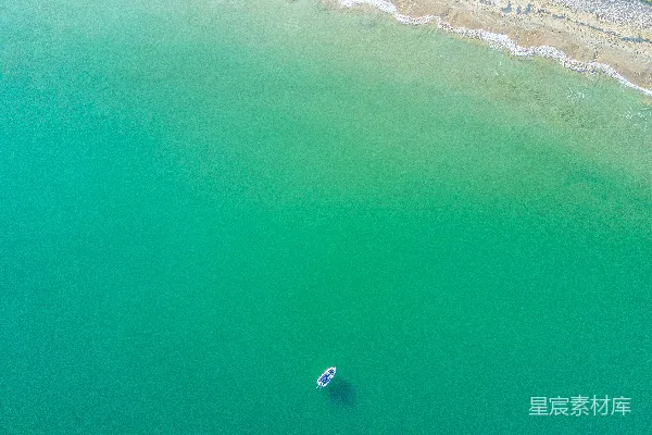 高清摄影 白色小船在绿海中，靠近海岸的航拍图