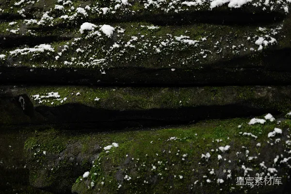 覆盖着积雪的石头长满了青苔