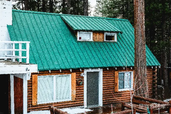 绿色和棕色木制小屋位于树木之间白天景色中