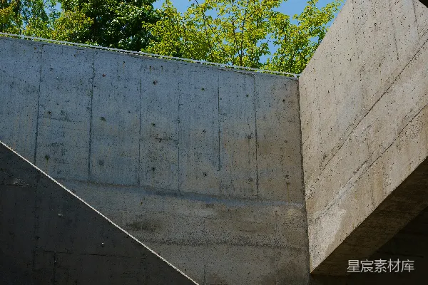 混凝土建筑框住了天空和树木。