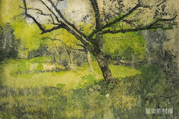一幅画在草地中的树的水彩画。