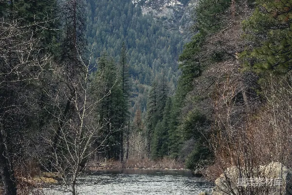 一条被岩石和树木环绕的河流，背景是山峰。