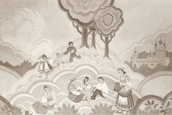 山间一群人的画作