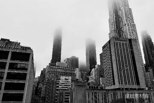 高清摄影 一张黑白照片，展示了一座城市的高大建筑。