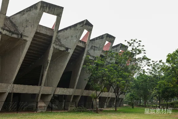 一座大型混凝土建筑紧邻一片郁郁葱葱的公园。