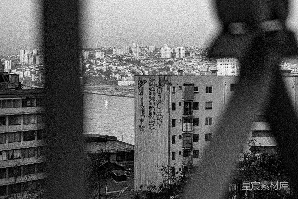 黑白的城市景观，建筑与水体共存。