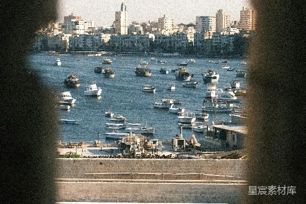 boats停泊在一幅城市 skyline 的港口中。