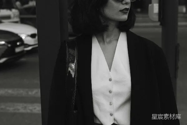 高清摄影 一个穿着西装戴墨镜的女人站在一根杆子旁边