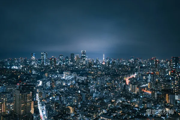 夜晚的城市景观在黑暗天空的映衬下被照亮。