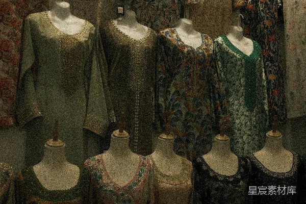 一间摆满了模特和衣服的房间