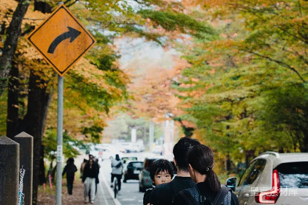 家庭在秋天的林间小道上散步
