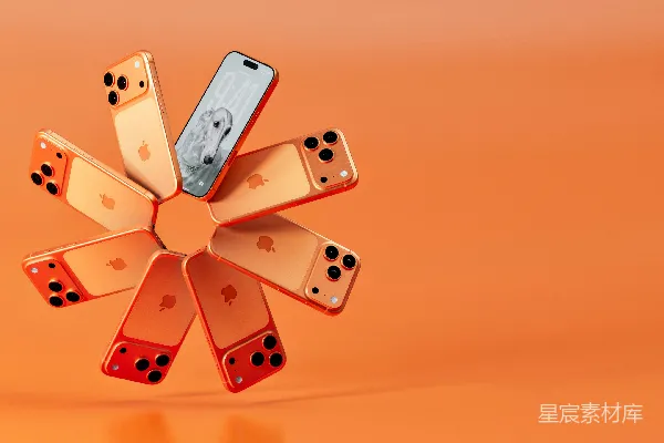 多个iPhone以圆形排列在橙色背景上。