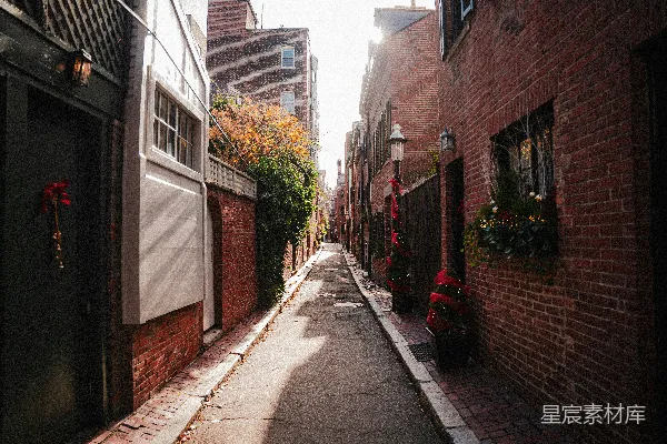 一条狭窄的城市街道两旁都是砖砌的建筑物。