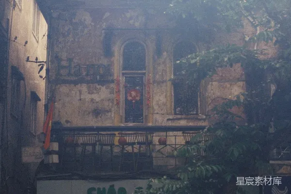 老建筑的立面有树木和街道活动。