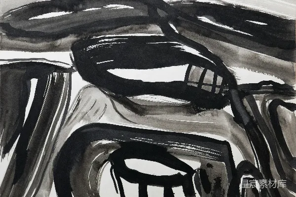 高清摄影 抽象的黑白水墨画，笔触大胆有力。