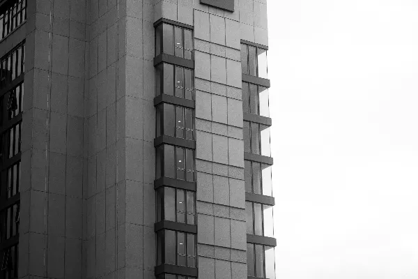 黑白建筑侧面图。